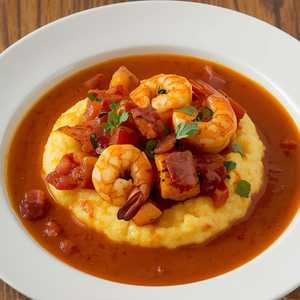 Shrimp & Grits with Spicy Tomato-Bacon Gravy