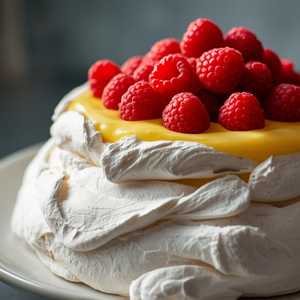 Vanilla Pavlova, Lemon Curd, Raspberries