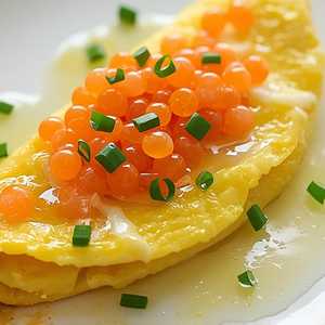 Omelette with Bella roja potatoes, salmon roe, chives, and Meyer lemon beurre blanc