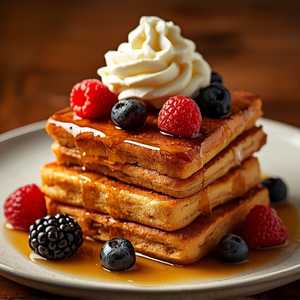Cinnamon pain perdu, with marinated fresh berries, maple syrup, chantilly