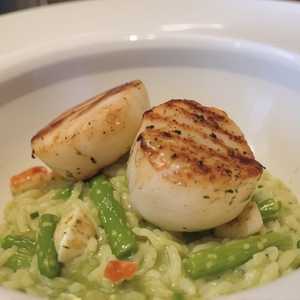 Seared Sea Scallops with Maine Lobster and Asparagus Risotto