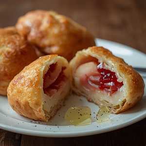 Fontina Gougères With PSM Prosciutto, Red Wine Poached Pears & Fennel Jam