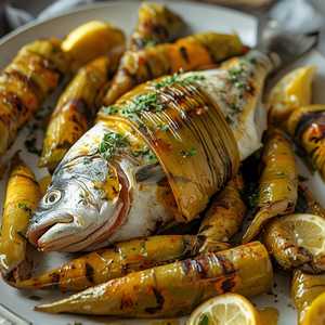 Poisson entier de la pêche côtière, cuit dans les feuilles de citronnier