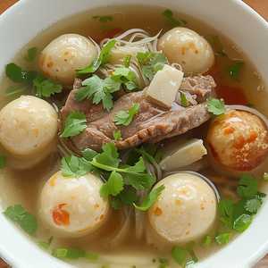Fish Ball, Beef Ball & Pork Ball with Wide Noodle Soup