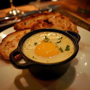 farm egg baked in celery cream with grilled bread