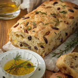 Rosemary & Castelvetrano olive focaccia, extra virgin olive oil