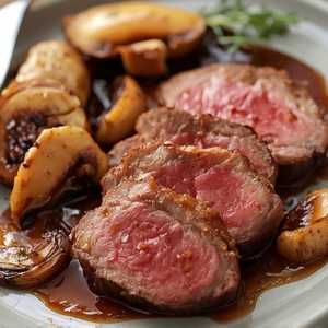 Sliced Filet Mignon* with Cipollini Onions, Wild Mushrooms and Fig Essence