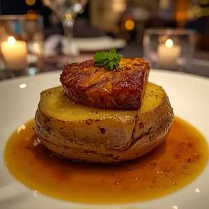 Pomme de terre farcie, foie gras poêlé, sauce Albufera