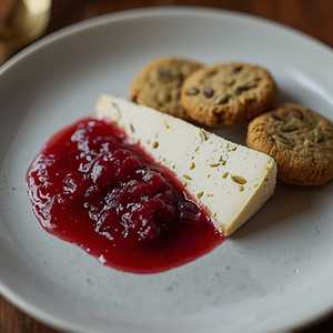 Tomales Farmstead Creamery “Teleeka” cheese with rhubarb-raspberry jam and pumpkin seed shortbread cookies