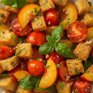 tomato & peach panzanella, dill cornbread, basil, poppyseed dressing