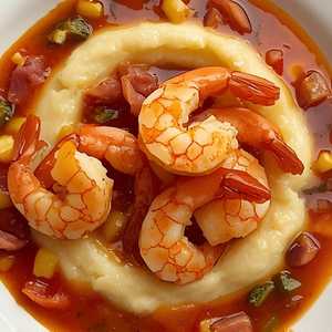 shrimp & grits, country ham, tomato bouillabaisse, peppers, sweet corn