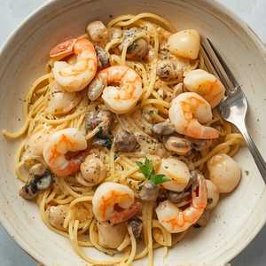Seafood in Cream Sauce over Spaghetti