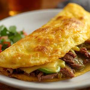 Short rib omelette, poblano sauce, avocado, cheddar cheese