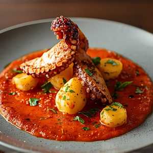 Poulpe grillé, condiment Romesco, salade d'herbes et vierge