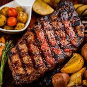 Grilled Stemple Creek Ranch ribeye steak (served with the above accompaniments)