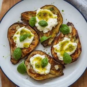 Roasted Italian Eggplant, Sauce Vierge, Basil Oil, Ricotta, and Parmesan