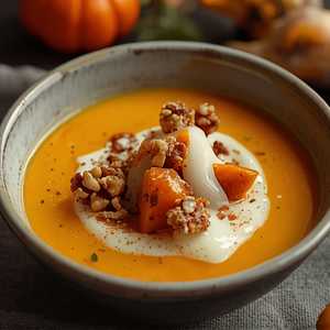 Koginut Squash Soup, with Autumn Vegetables, Maple Walnut Brittle, and Squash Espuma