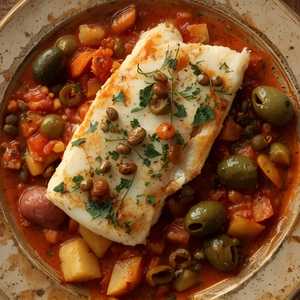 Stufato di lingcod alla puttanesca