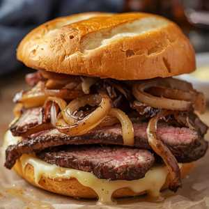 Ribeye Steak Sandwich* with Caramelized Onions and Havarti