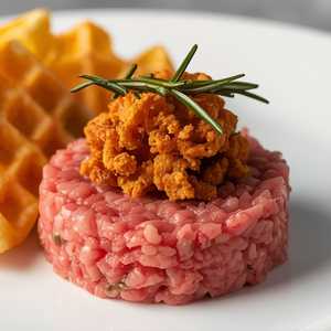 Sirloin beef tartare, Calabrian chili mayo, fried rosemary, waffle chips, Mezzo Secco