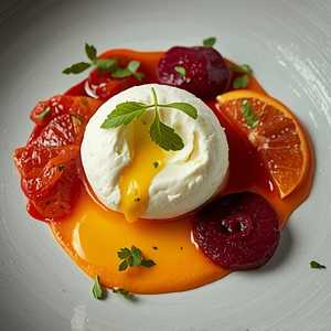 Carolina Burrata With Marinated Beets, Blood Orange & Sunchoke Silk