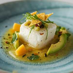Halibut Ceviche In Leche Di Tigre With Avocado, Ramps, Huacatay & Pinenut Brittle