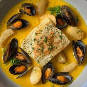 Poisson du jour grillé au beurre, moules et fenouil à la crème au safran