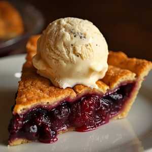 Boysenberry biscuit pie with vanilla bean ice cream