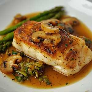 Pan-Seared Sea Bass with Shiitake Mushrooms, Asparagus and Miso Butter