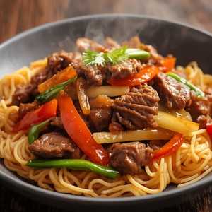 Beef & Vegetable over Fried Rice Noodles