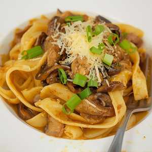 Fettuccine with morel mushrooms, garlic, young onion, sorrel, and Parmigiano-Reggiano
