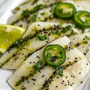 Halibut Crudo, Mojo Verde, Nigella Seed, Serrano, Lime