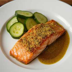 Horseradish Crusted Salmon Medallion with Dilled Cucumbers, and Grain Mustard Sauce