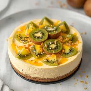 Passionfruit cheesecake, kiwi, passionfruit sauce, toasted coconut, coconut whipped cream