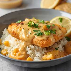 Fish Fillet w/Corn in Cream Sauce over Rice