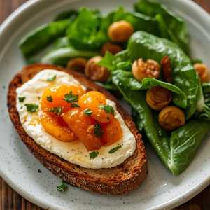 Tartine de Camembert mariné sur sa salad d'escarole et abricots