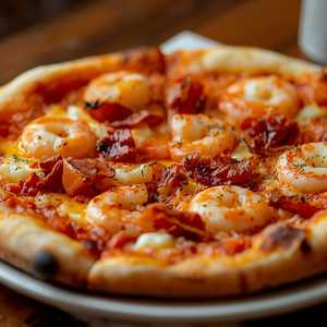 Cajun spiced shrimp, pancetta and four cheeses