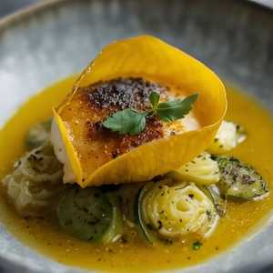 Pan-seared squash blossom-wrapped ling cod with zucchini, braised artichokes, fregola sarda, saffron, and Clementina tomatoes