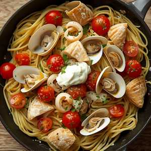 Fideus: Catalan-style noodles with Half Moon Bay ling cod, Monterey Bay squid, Manila clams, Pennolo tomatoes, spinach, saffron, and aïoli