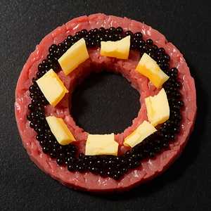 Tartare de boeuf Black Angus au couteau, poutargue d'oeufs bio et caviar