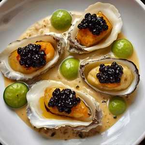 Glazed Oysters with Osetra Caviar, Leek Fondue, Zucchini Pearls, and Lettuce Cream
