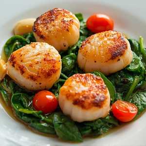 Pan Seared Sea Scallops, Spinach, Tomato, Garlic