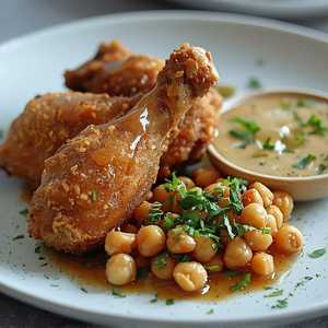 Sambar masala sesame fried chicken, marinated chickpea salad, roasted cauliflower, toum, spiced honey