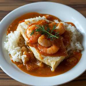 Petrale Sole Stuffed with Crab and Bay Shrimp a la Newburg, Rice