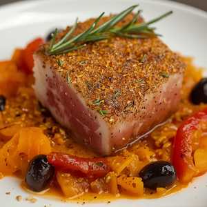 Coriander, Black Pepper and Rosemary Crusted Tuna with Piperade, Anchovy Essence, and Castelvetrano Olives