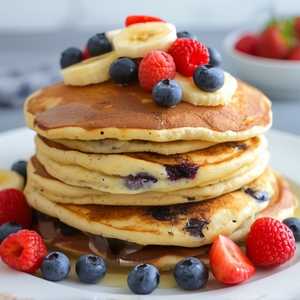 Stack of Double Berry Banana Strawberry Pancakes