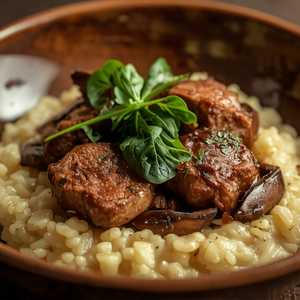 Vialone Nano Risotto With Beef Cheek Brasato, Mushrooms & Escarole
