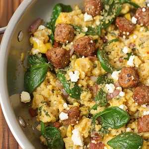 Merguez sausage w/ feta cheese scramble, red onions, spinach