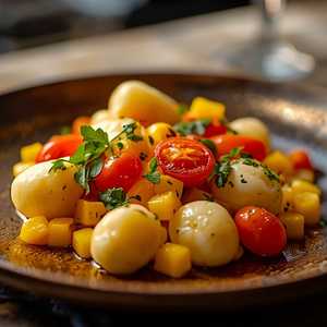 Bellwether Farms ricotta gnocchi with corn, Sungold tomatoes, and hoja santa