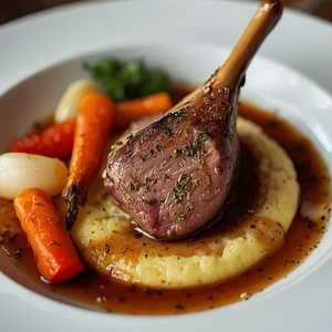 Herb Crusted Lamb Loin with Creamy Polenta, Roasted Red Bell Peppers, Turnips, and Thumbelina Carrots